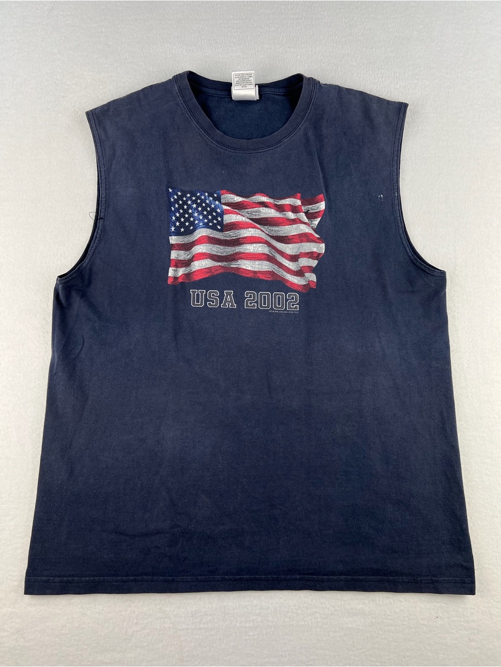 Vintage Y2K 2002 USA Flag Sonoma T-Shirt Cut Sleeves Navy Blue Men Size L